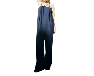 Zara Navy Blue Spaghetti Straps Wide Leg Long Flowy Jumpsuit Sz S